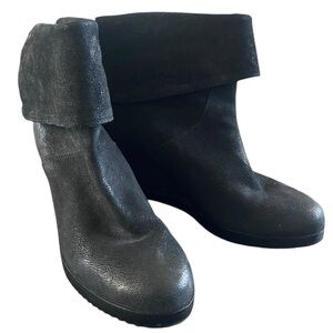 Eileen Fisher Black Soft Leather Fold Over Wedge Heel‎ Winter Bootie Women's 7